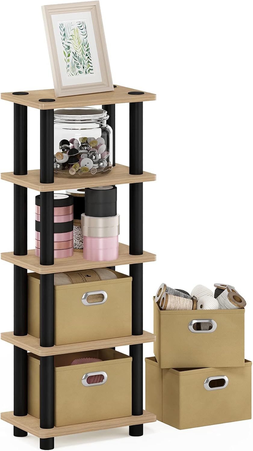 FURINNO LAci 4-Bins System Rack, Oak/Black/Light Brown