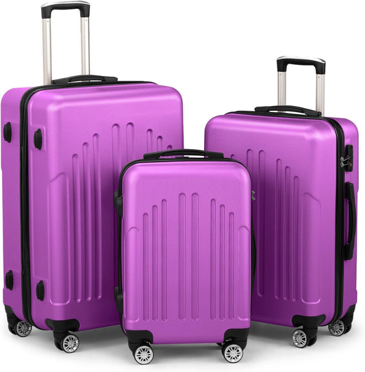 Karl home Luggage Sets 3 Piece, PC+ABS Durable Hardside Suitcase with Double Spinner Wheels TSA Lock, Carry on Luggages for Travel Business - Purple, 20/24/28