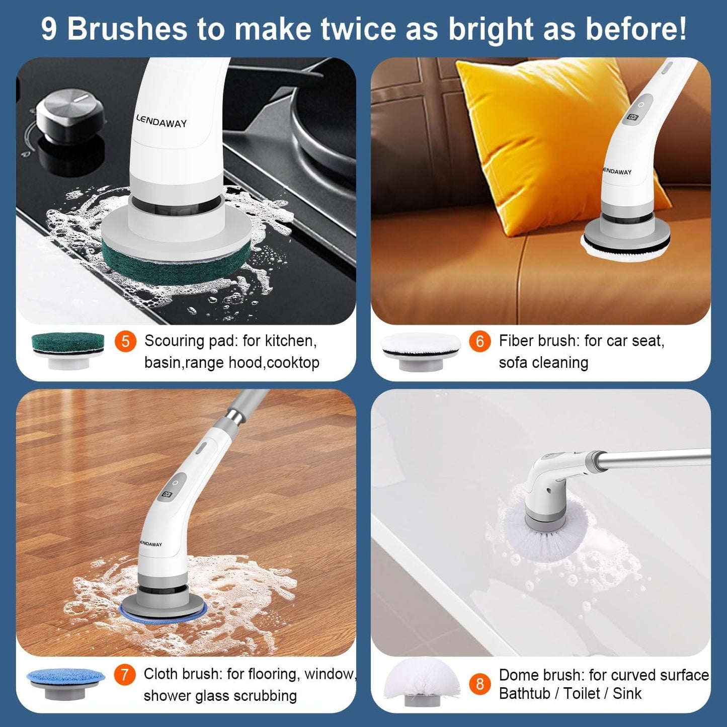 LENDAWAY 9-in-1 Multi-Purpose Electric Spin Scrubber,2 Speeds,Long Handle,Replaceable Brush Heads,for Cleaning Floors, Windows, Bathtubs, Grout, Tiles, Sink, Car (Greywhite)