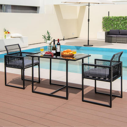 DORTALA Rattan Patio Furniture Set, 3-Piece Dining Set with Cushions, Tempered Glass Tabletop, Outdoor Wicker Small Chairs & Table Set for Backyard, Balcony, Poolside, Black
