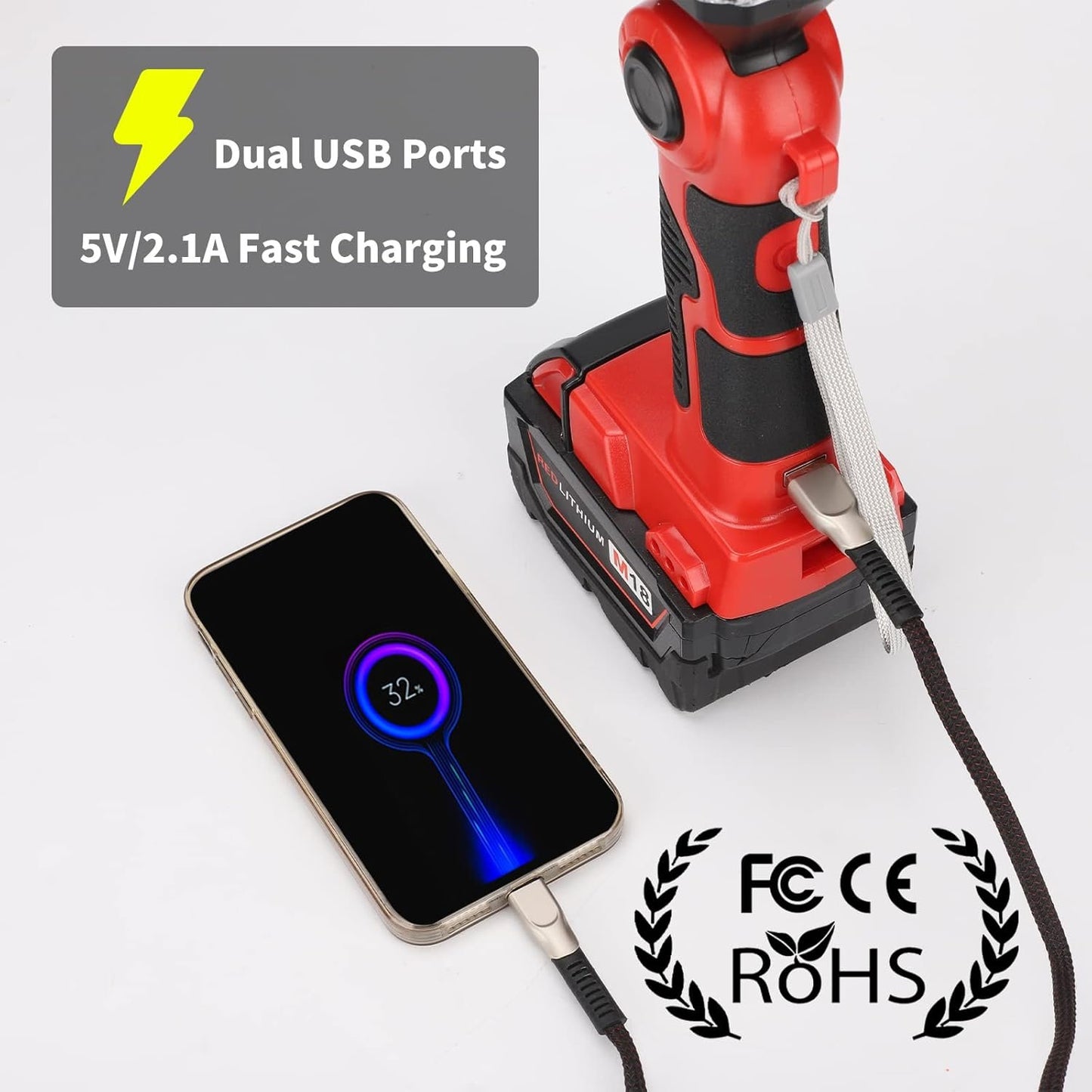 Taingwei 2000LM LED Work Light for Milwaukee m18 18v Lithium Battery, 25W Flashlight for Camping, Car Repairing, Emergency and Job Site Lighting