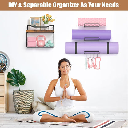 Yoga Mat Holder Wall Mount, Yoga Accessory Mats Storage Rack, Home Gym Accessories Organizer Storage with Wood Floating Shelves, Storage Basket with Hooks for Hanging Yoga Strap & Resistance Bands
