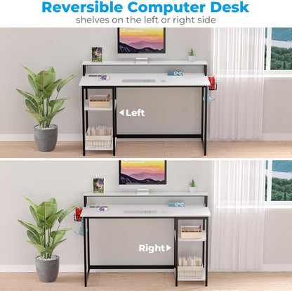 GreenForest 40 inch Home Office Desk with Power Outlets, Small Computer Desk with Ergonomic Monitor Stand, Reversible Gaming Desk, Modern Study Desk, Laptop Desk, White