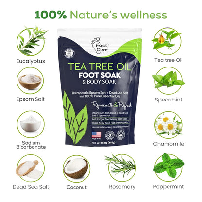 Tea Tree Oil Foot Soak with Epsom Salt - For Toenail Repair, Athletes Foot, Softens Calluses, Soothes Sore & Tired Feet, Nail Discoloration, odor Scent, Spa Pedicure Care - Made in USA 16 oz