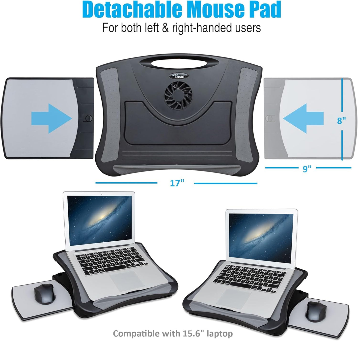 Gaming Laptop Desk Car Stand - Cushioned Cooling Pad Adjustable for Universal Couch Office Use w/ Right Left Mouse Tray and Fan