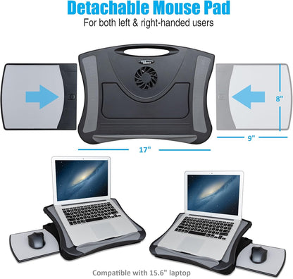 Gaming Laptop Desk Car Stand - Cushioned Cooling Pad Adjustable for Universal Couch Office Use w/ Right Left Mouse Tray and Fan