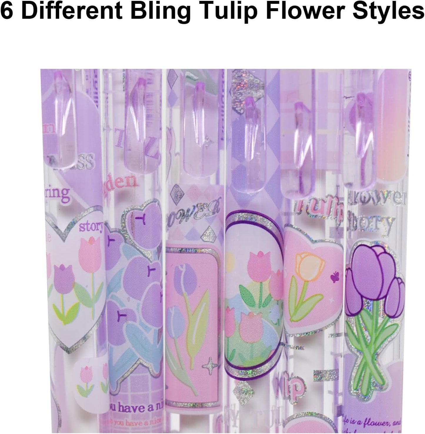 Maydahui 12PCS Erasable Cute Bling Tulip Gel Pens Retractable Romantic Purple Tulip Flower Print Pens Black Ink For Girls Women Home School Office Stationery Store