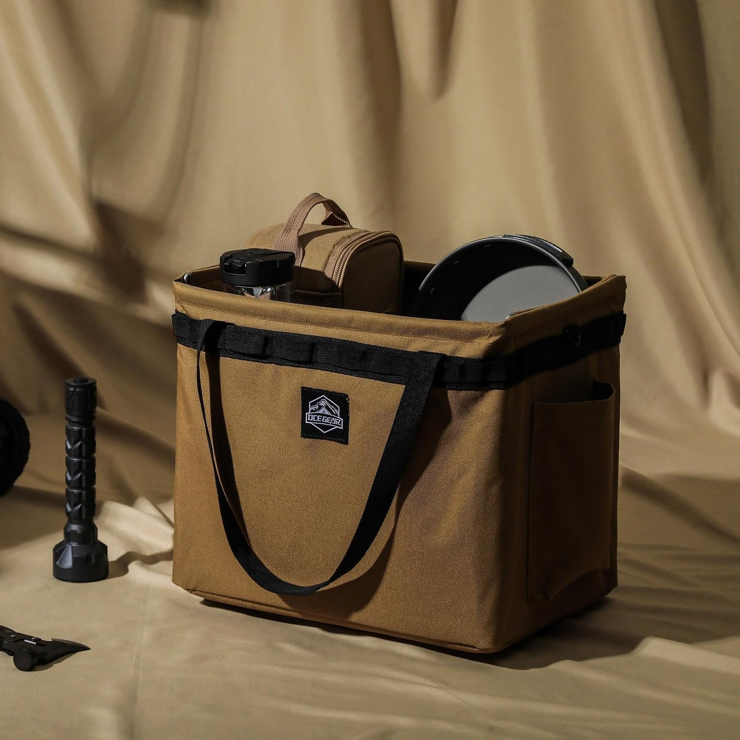 SEPWIK Camping Storage Bag Multifunctional Collapsible Tactical Bag, Car Trunk Organizer for Tool, Cookware Carry Bag, Picnic Basket for Outdoor, Travel, Hiking, Camper, RV (Khaki)