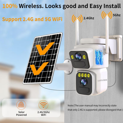 Solar Security Cameras Outdoor Wireless,2.4G/5G WiFi Cameras for Home Security, Dual Lens PTZ Motion Zone,2-Way Audio,Night Vision,Weatherproof,SD/Cloud Storage