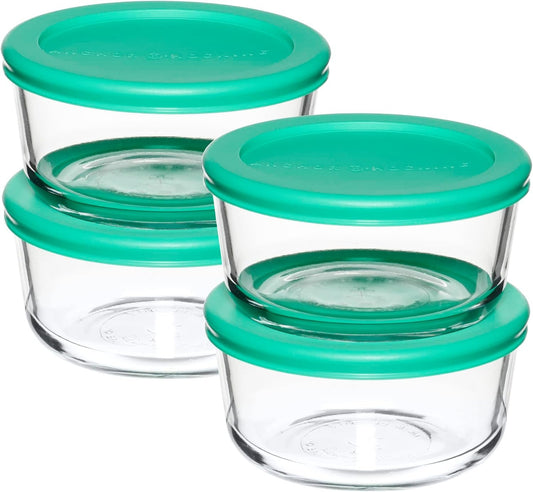 Anchor Hocking 8 Piece Glass Food Storage Containers 2-Cup Round with Mint Snugfit Lids (BPA free, oven, microwave, fridge, and freezer safe)