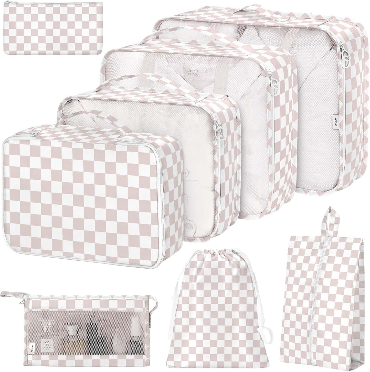 8 Set Packing Cubes for Suitcases, Packing Cubes with Shoe, Cosmetics, Clothing, Accessories Bags for Travel Luggage Organizer Women Men(Light Pink Checkered)