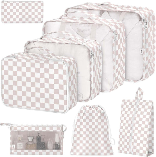 8 Set Packing Cubes for Suitcases, Packing Cubes with Shoe, Cosmetics, Clothing, Accessories Bags for Travel Luggage Organizer Women Men(Light Pink Checkered)