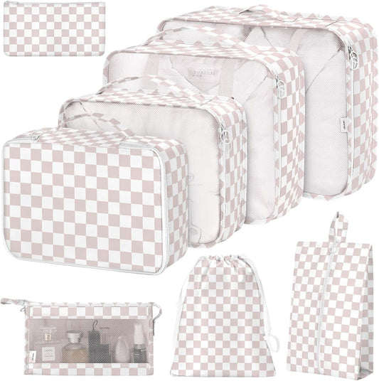 8 Set Packing Cubes for Suitcases, Packing Cubes with Shoe, Cosmetics, Clothing, Accessories Bags for Travel Luggage Organizer Women Men(Light Pink Checkered)