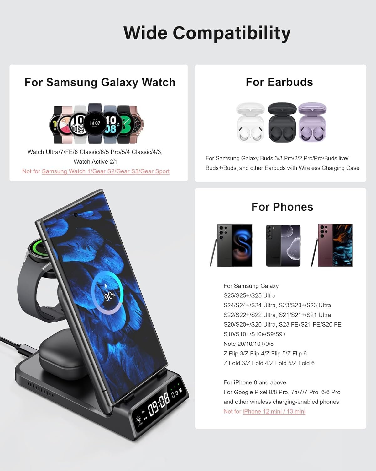 SwanScout 3 in 1 Wireless Charging Station for Samsung S25, Foldable Charger Dock for Galaxy Watch Ultra/7/6/5/4/FE, Galaxy S25/S24/Note20/Z Fold, Buds Pro/3/2, Model 703S (No Adapter) (Black)