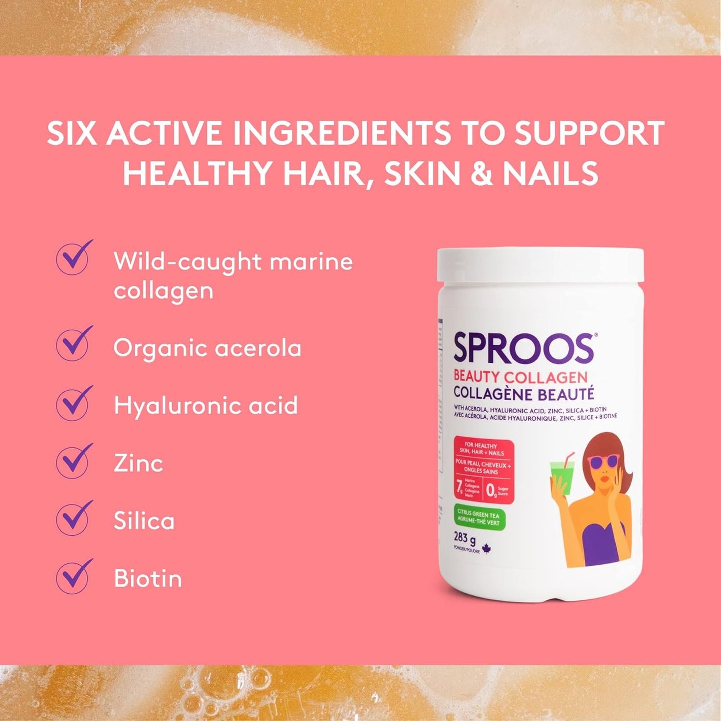 Sproos Beauty Collagen | Hydrolyzed Collagen Powder + Biotin, HA, Zinc | Enhanced Collagen Peptides Powder, Citrus Green Tea Flavour, Tub, 283g