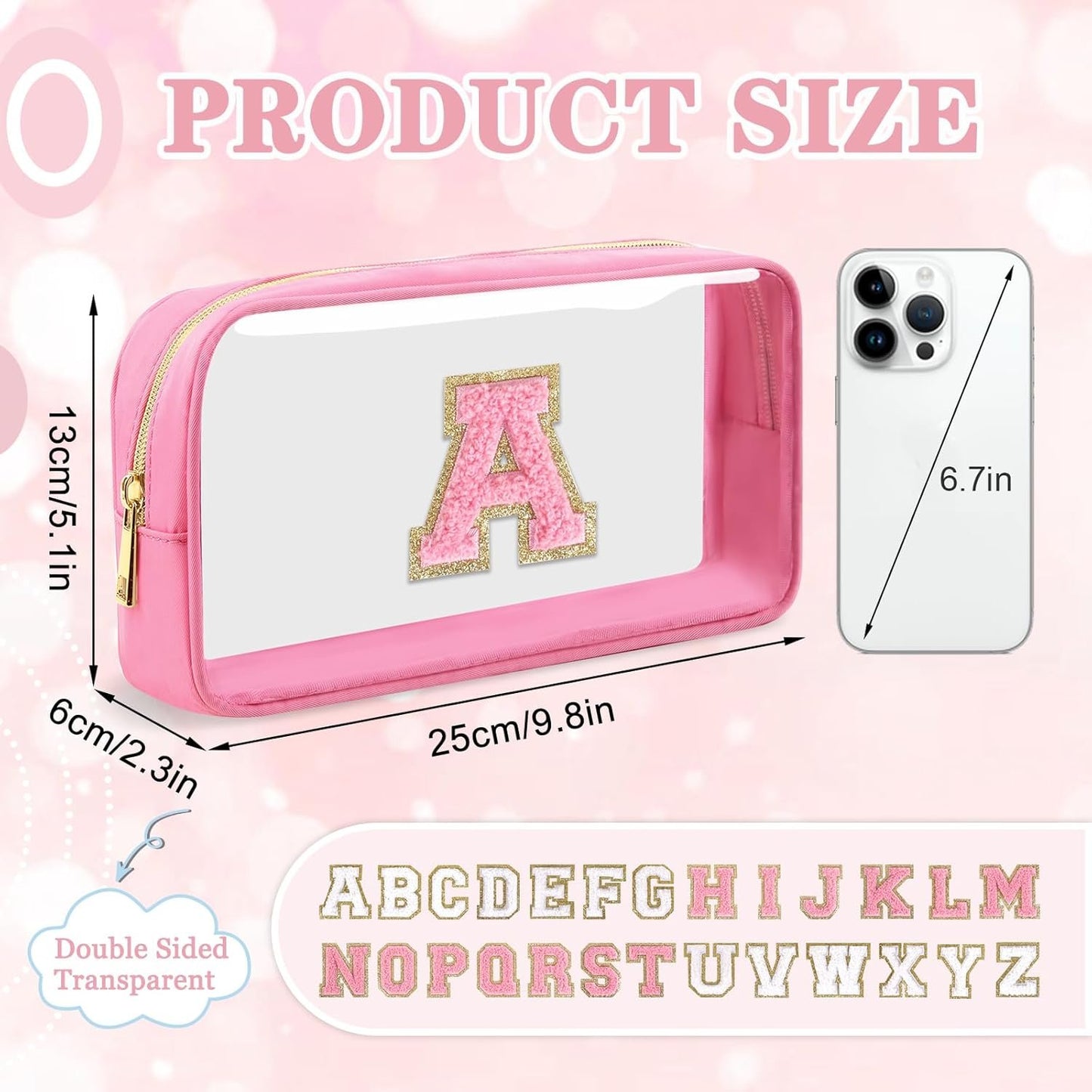Iqimott Mini Clear Personalized Initial Makeup Bag, Nylon Preppy A-Z Chenille Letter Patch Zipper Cosmetic Bag, Small Cute Pouch Travel Coin Purse Toiletry Bag, Small-Pink, A