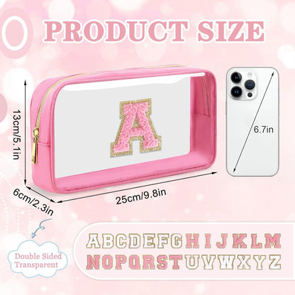 Iqimott Mini Clear Personalized Initial Makeup Bag, Nylon Preppy A-Z Chenille Letter Patch Zipper Cosmetic Bag, Small Cute Pouch Travel Coin Purse Toiletry Bag, Small-Pink, A