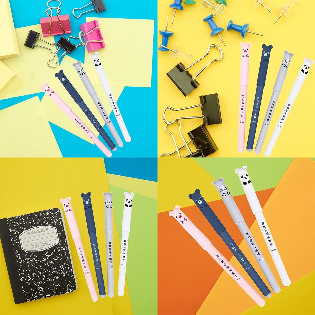 4pcs Erasable Gel Ink Pens Cute Kawaii Cartoon Cat Pig Bear Panda Animal Pen Ballpoint 0.35mm Black Ink Gel Pens Rollerball Pens Friction Pens for Student Kids Gift School Stationery Office Supplies
