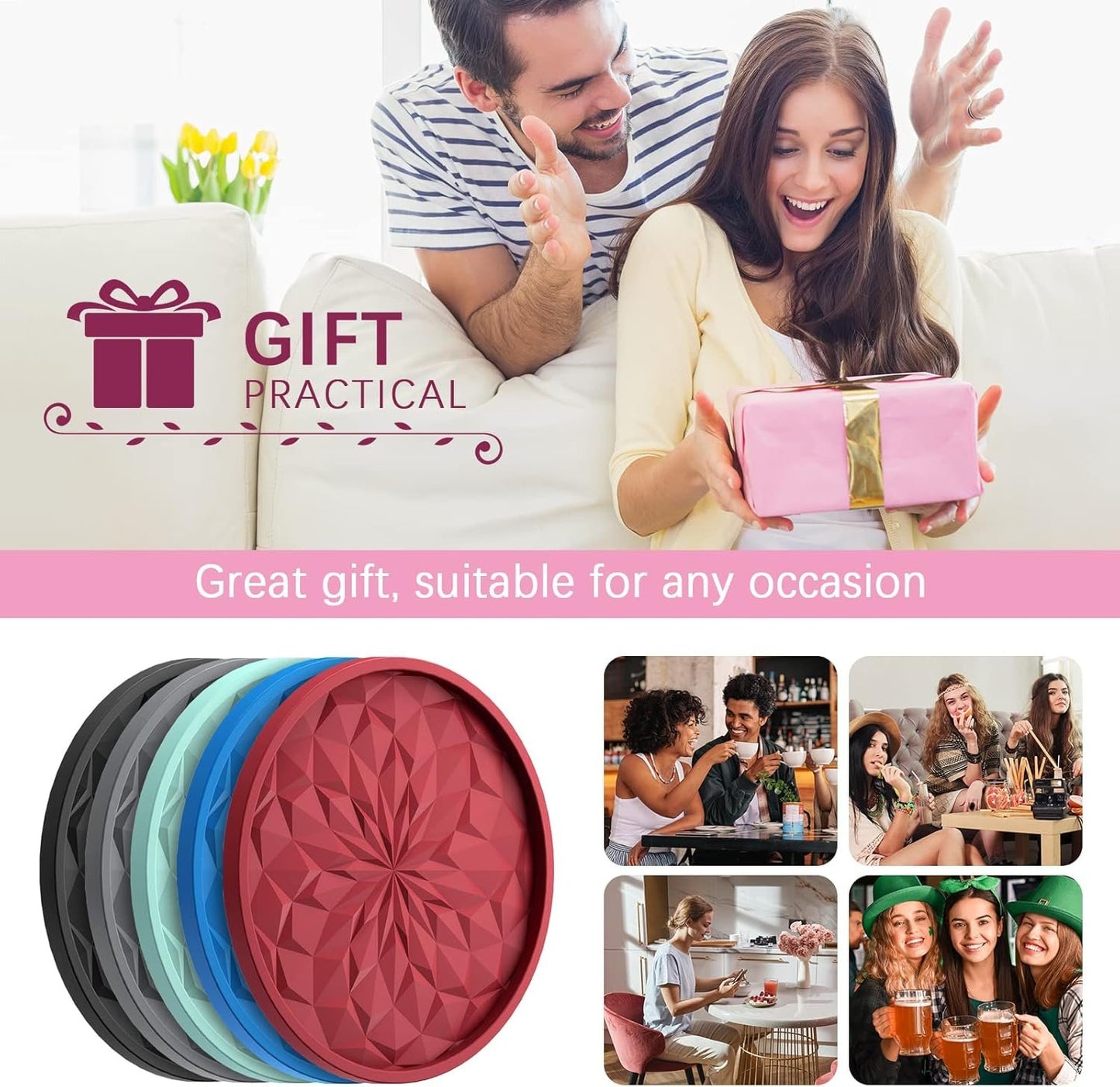 ME.FAN Silicone Coasters [6 Pack] Coasters with Holder - Drinking Coasters - Cup Mat for Drinks - Live for Hot or Cold Drink Thickened, Non-Slip, Non-Stick, Deep Tray Black