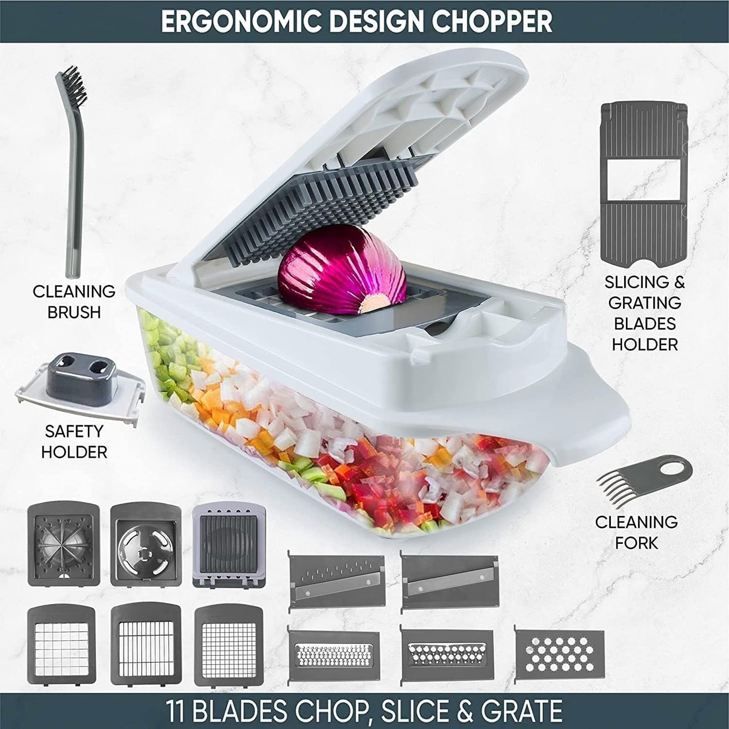 Vegetable Chopper, Multi 22-in-1 Veggie Mandoline Slicer, Food Cutter Chopper for Potato Tomato Fruit with Container, Recipe, 11 Blades, Lemon Squeezer, Egg Separator & Slicer