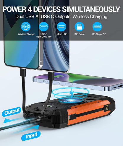 Solar Power Bank 38600mAh Solar Charger Built in 3 Cables Qi Wireless Portable Charger External Battery Pack 5V3A Fast Charge with 4 Outputs 2 Inputs and Led Flashlight Compass