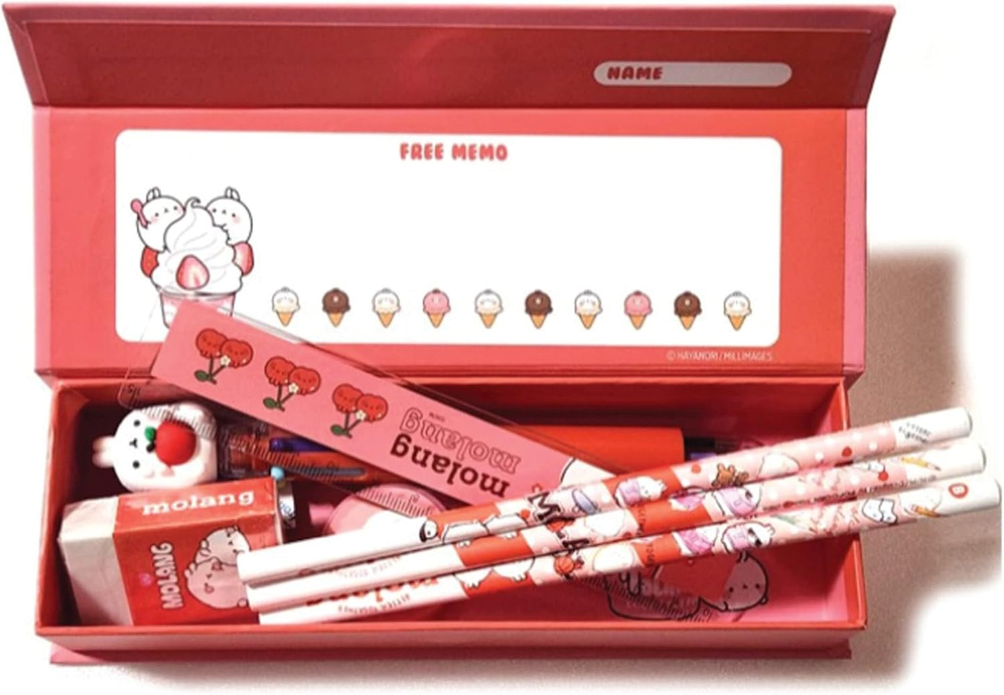 Molang Best School Stationery Set - Kawaii Korean Kit (Pencil 3pcs, Eraser, Sharpener, Case, 6-Color Ballpoint Pen, Figure, Ruler) - Complete Supplies for Students, Office, Art, Writing