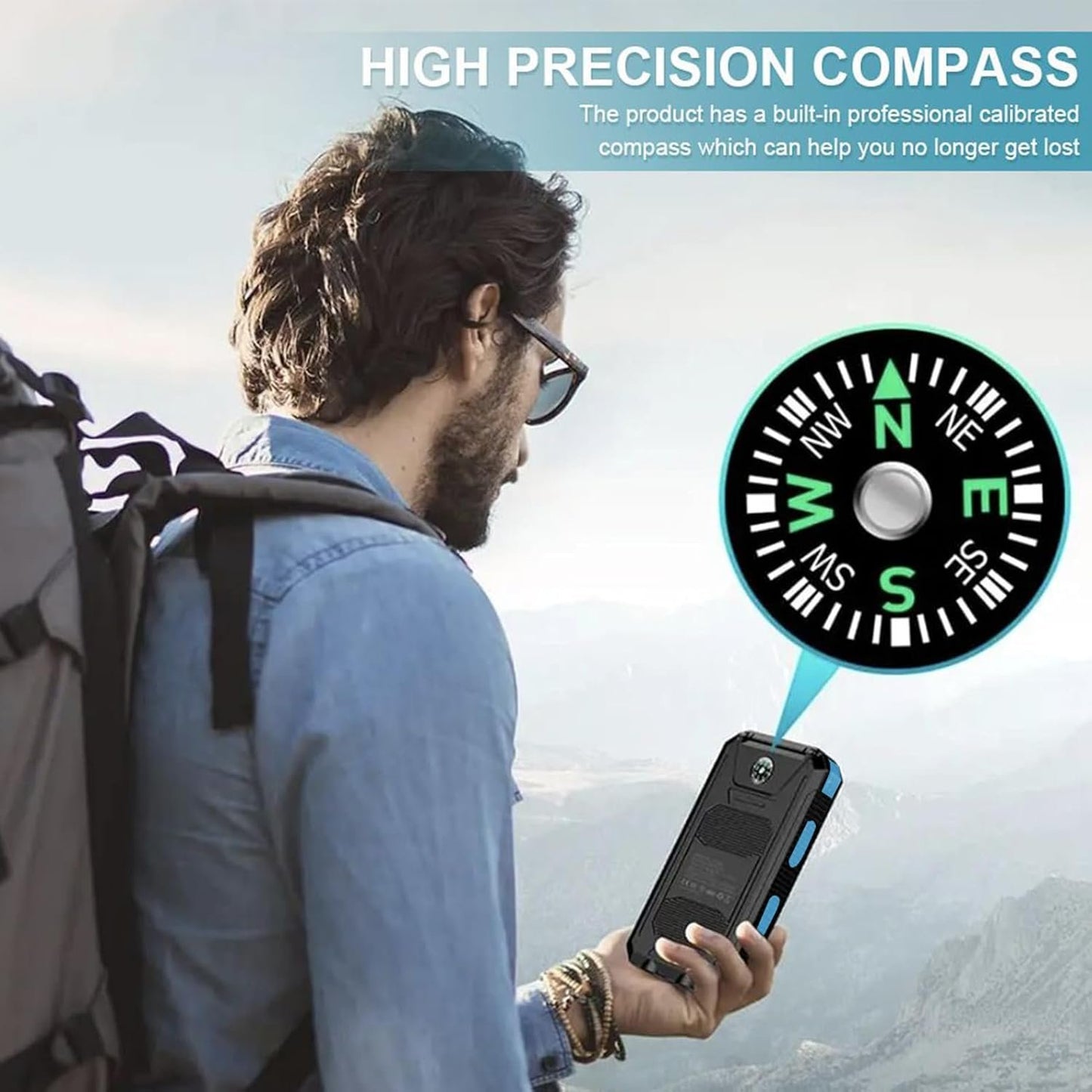 Solar Charger Powered Bank,20000mAh Portable Solar Fast Charger | Waterproof Battery Pack with Flashlight Survival Gear for Hiking, Explorer & Cell Phone
