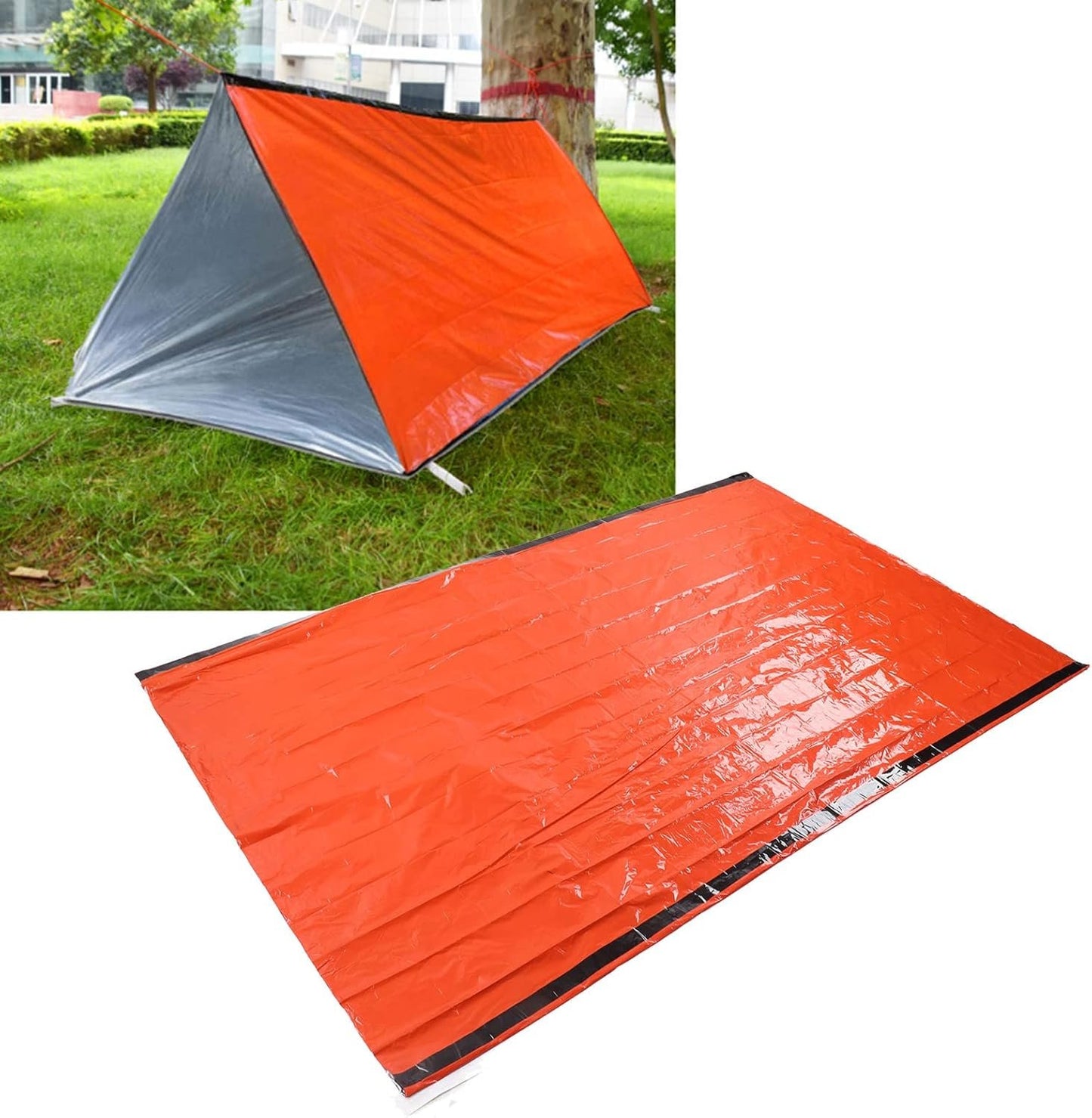Emergency Survival Shelter Tent, Reusable Foldable Lightweight PET Aluminum Film Thermal Blanket Tent Set Survival Shelter for Hiking Camping Survival Equipment