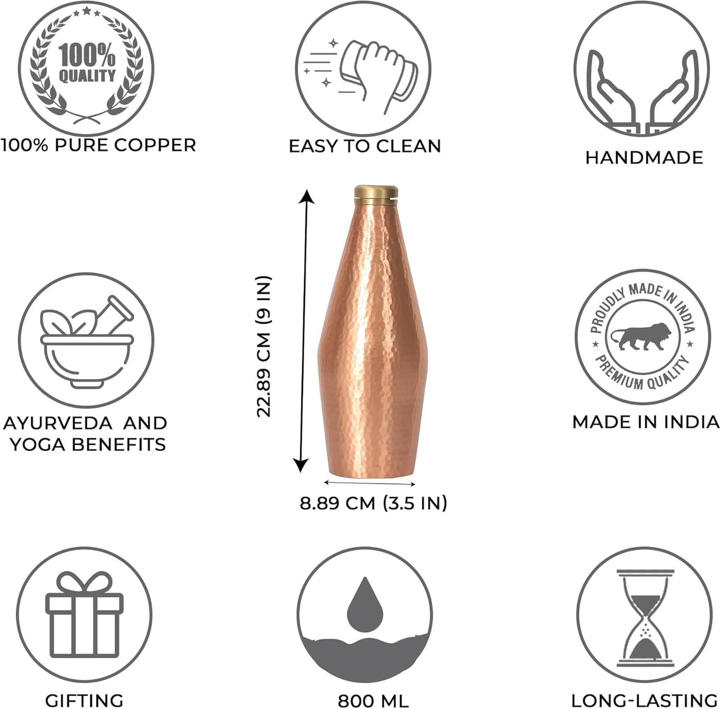 DeKulture Hand Hammered Vintage Pure Copper Water Bottle With Brass Knob Ideal Drinkware With Ayurveda and Yoga Benefits 3.5 x 9 (DH) Inches 800 ml