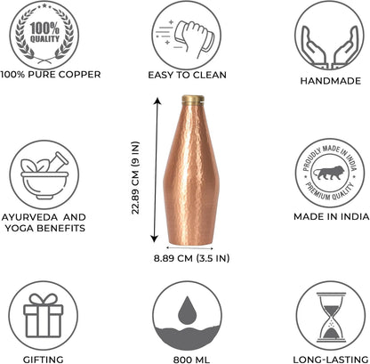 DeKulture Hand Hammered Vintage Pure Copper Water Bottle With Brass Knob Ideal Drinkware With Ayurveda and Yoga Benefits 3.5 x 9 (DH) Inches 800 ml