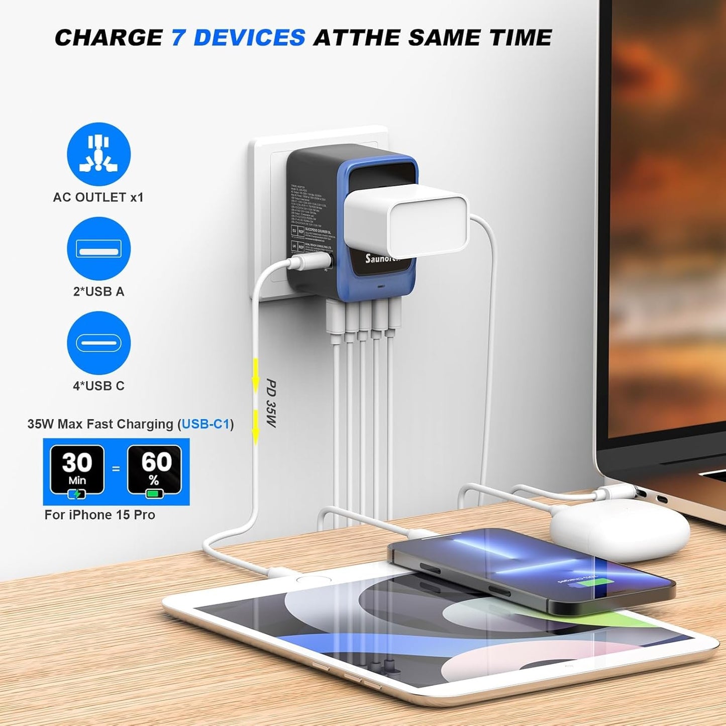 SAUNORCH Universal Travel Adapter, PD 35W 7 in 1 International Power Plug Adapter with 7.0A 4 USB-C and 2 USB-A Fast Wall Charger, Worldwide AC Outlet for US Europe UK AUS Asia
