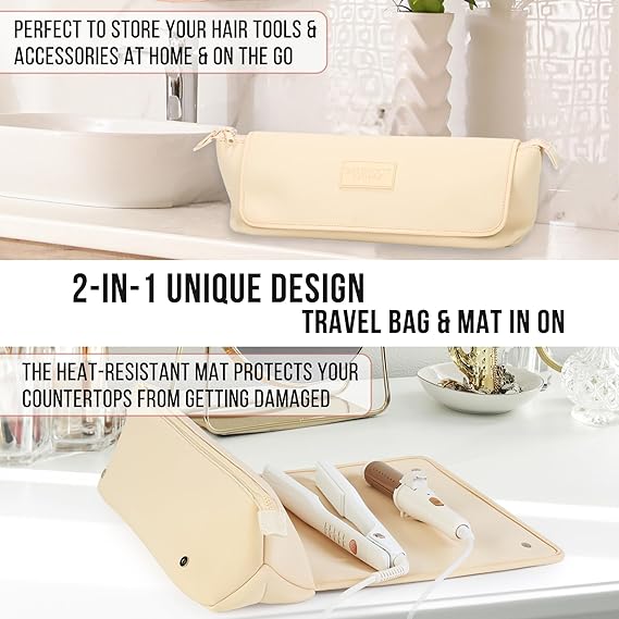 Hair Tools Travel Bag and Heat Resistant Mat for Flat Irons, Straighteners, Curling Iron, and Haircare Accessories, 2-in-1 design, with Interior Pockets, Portable Organizer