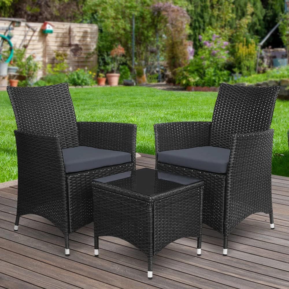 Gardeon 3pcs Wicker Patio Furniture, Bistro Set Table and Chairs Outdoor Lounge Setting Conversation Sets Dining Chair Garden Backyard, Cushion with Rattan Coffee Table Black Glass Tabletop