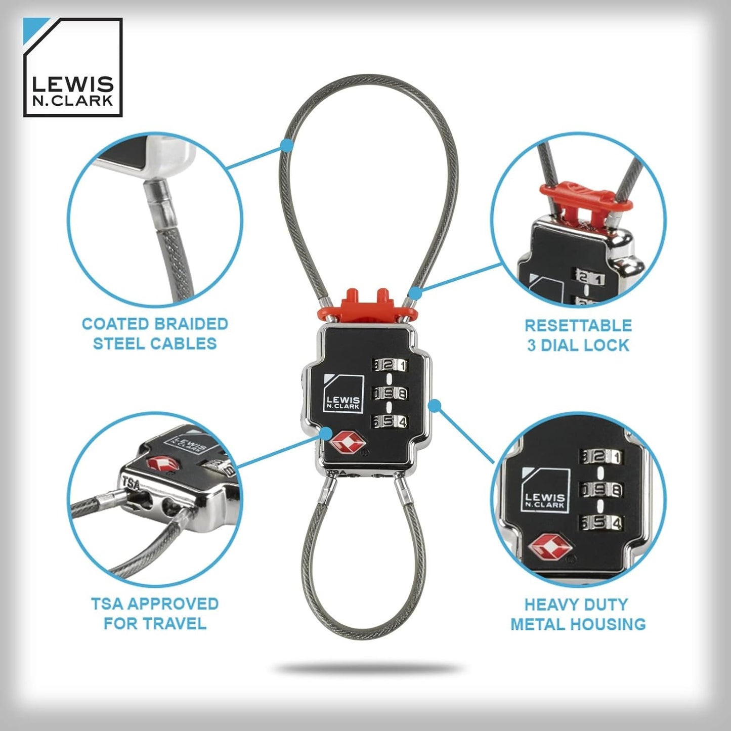Lewis N Clark Triple Security Lock: TSA Luggage Locks for Suitcases, Carry On, Laptop Bag & More, Set Combination Lock to Create Secure Padlock for Travel, Vacation, Business, or Backpacking
