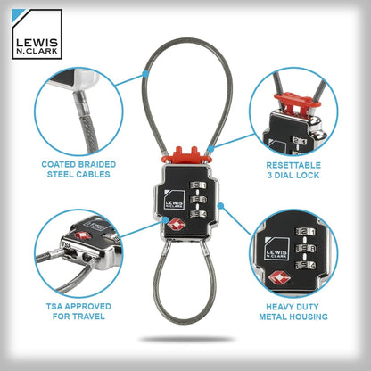 Lewis N Clark Triple Security Lock: TSA Luggage Locks for Suitcases, Carry On, Laptop Bag & More, Set Combination Lock to Create Secure Padlock for Travel, Vacation, Business, or Backpacking