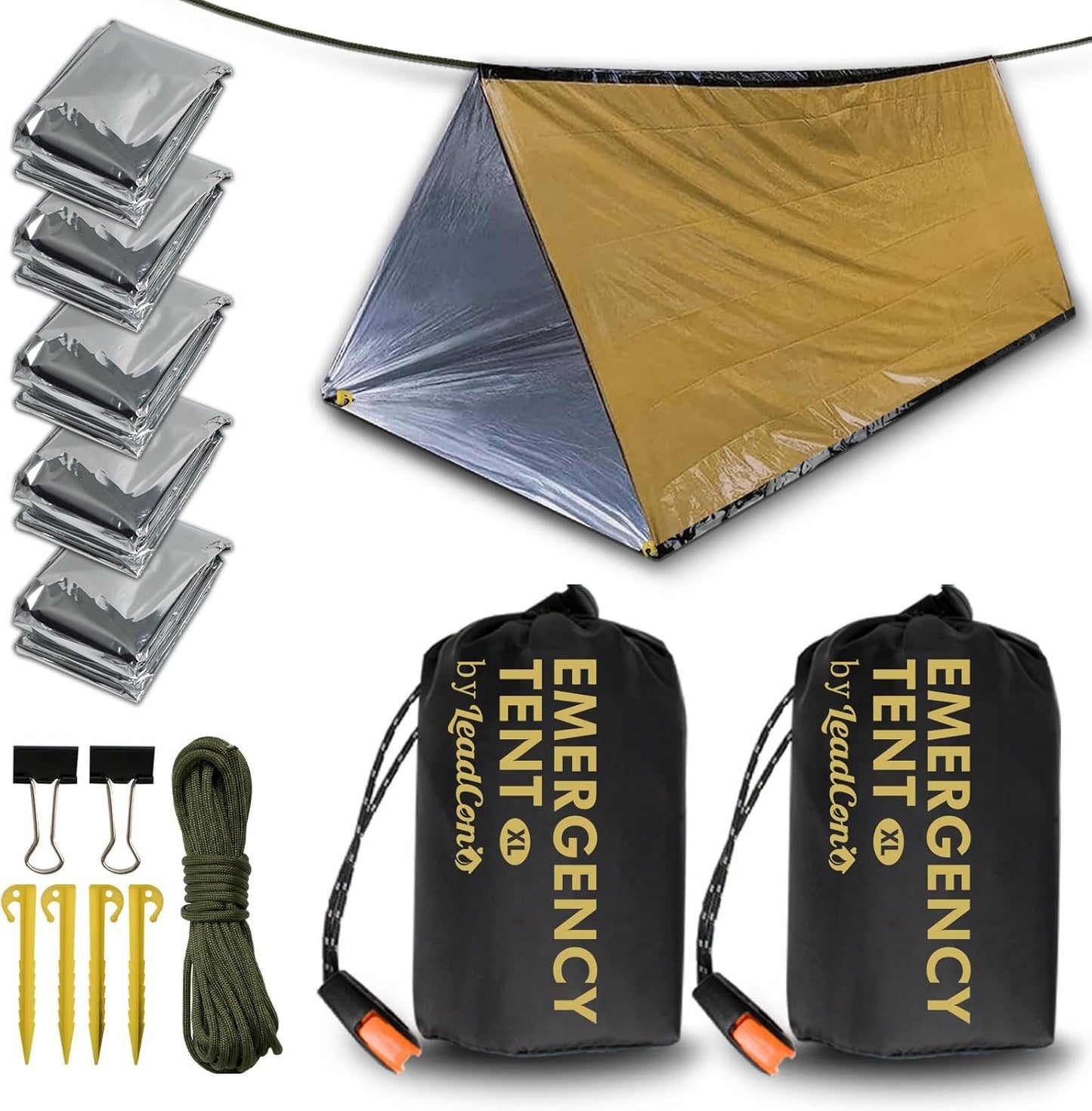 LeadCon 2 Pack Emergency Survival Tent, 2 Person Emergency Shelter Tube Tent All-Weather Protection for Camping, Hiking, & Survival Kits Includes 5 pcs Emergency Blanket Mylar