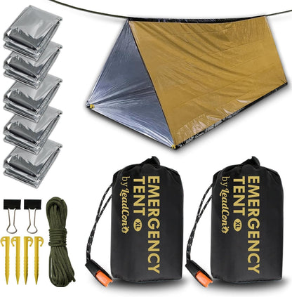 LeadCon 2 Pack Emergency Survival Tent, 2 Person Emergency Shelter Tube Tent All-Weather Protection for Camping, Hiking, & Survival Kits Includes 5 pcs Emergency Blanket Mylar