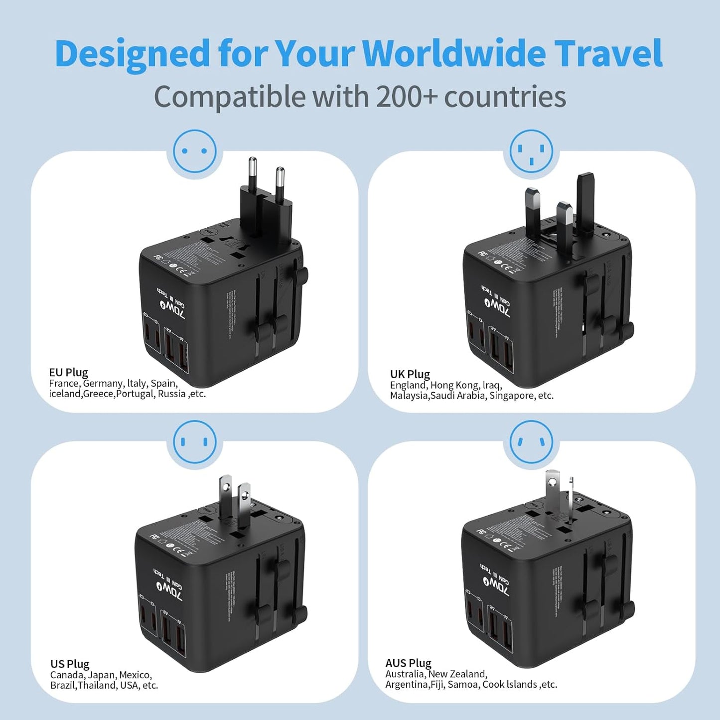 Hichain Universal Travel Adapter 70W PD Fast Charging Travel Adapter 2 USB-A Ports 2 USB-C Ports International Travel Plug All-in-one Wall Adapter for USA EU UK AUS