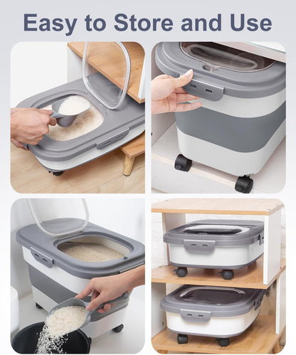 DDMOMMY 20-30 Lbs Rice Storage Container,Collapsible Food Storage Containers with Rolling Wheel Airtight Locking Lid,Flour Storage Container with Cup and Scoop,Suitable for Food,Rice,Pet Food,Flour