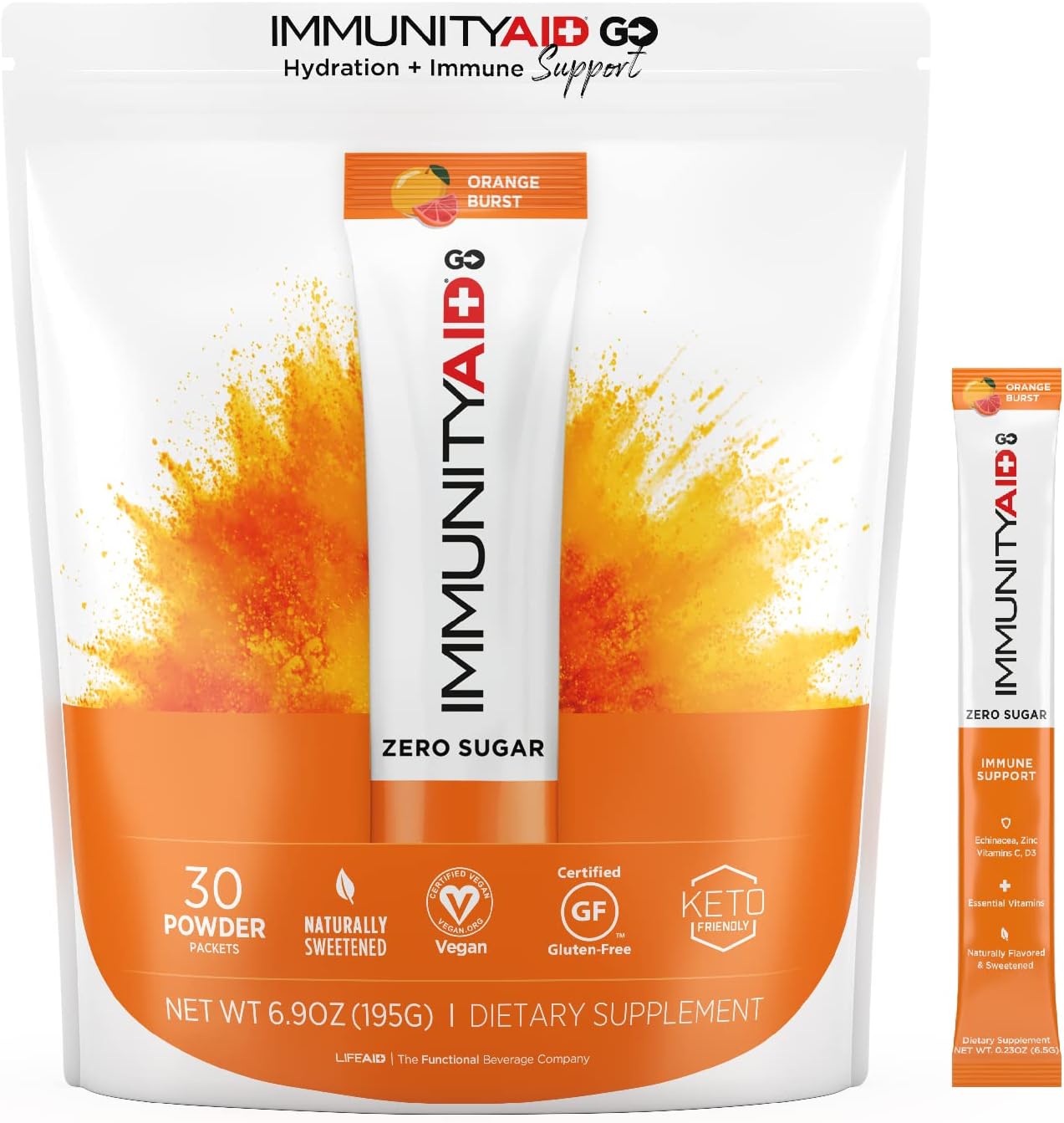 LIFEAID IMMUNITYAID GO! ZERO SUGAR Immunity + Hydration Packet, Vitamin C, Echinacea, Zinc, Astragalus Root, Keto-friendly, Vegan & Gluten-Free, 5 calories, Naturally Sweetened, No Caffeine, 20 Pack
