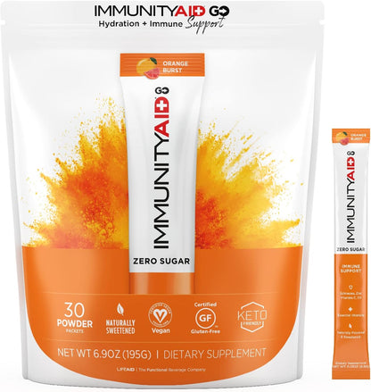 LIFEAID IMMUNITYAID GO! ZERO SUGAR Immunity + Hydration Packet, Vitamin C, Echinacea, Zinc, Astragalus Root, Keto-friendly, Vegan & Gluten-Free, 5 calories, Naturally Sweetened, No Caffeine, 20 Pack