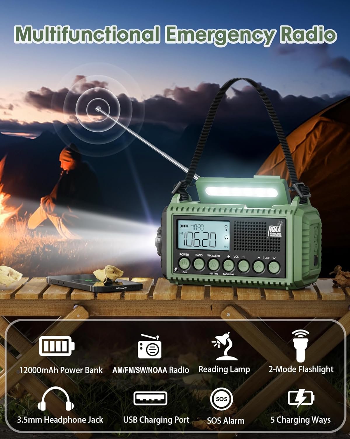 12000mAh Portable Emergency Weather Radio with Solar Hand Crank Rechargeable,7 NOAA Stations & AM/FM/Shortwave Radio, Reading Lamp, Flashlight, SOS, USB Charging Port, 3.5mm Earphone Jack for Survival