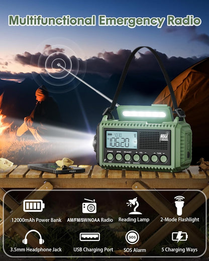 12000mAh Portable Emergency Weather Radio with Solar Hand Crank Rechargeable,7 NOAA Stations & AM/FM/Shortwave Radio, Reading Lamp, Flashlight, SOS, USB Charging Port, 3.5mm Earphone Jack for Survival