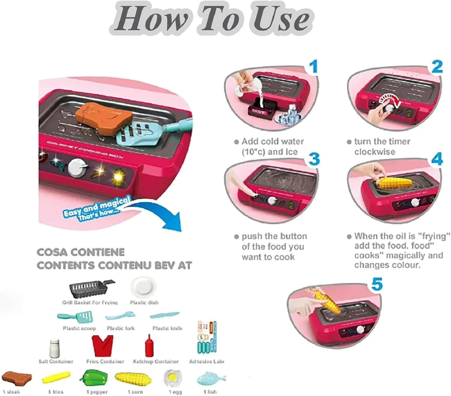 Luckywaqng 20 pezzi Gourmet Cooking Box Toy Simulation Cooking Toy Pretend Play Gourmet Cooking Box Water Fryer Cooking Box Play Grill with Cooking Utensils Light Accessori per la cucina dei bambini