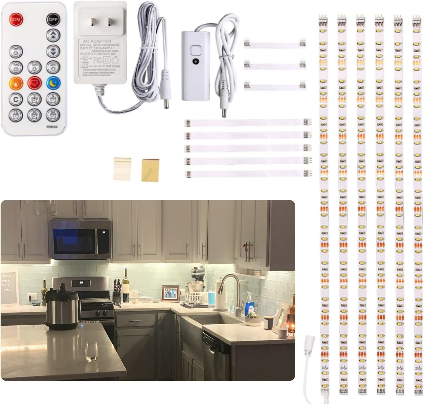 WOBANE Under Cabinet Lighting Kit, 6PCS 20inch LED Strip Bars with 24W Adapter,RF Remote, Super Bright Light for Kitchen Cabinet,Under Desk,Counter Lighting, 4000K Natural White,1500 Lumen,Dimmable