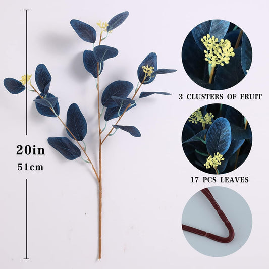 dallisten 20" Silk Artificial Eucalyptus Stems, 12Pcs Fake Eucalyptus Stem with Leaves Berries, Greenery Plants Floral Decorations for Wedding Party Flower Arrangement Home Decor (Navy Blue)
