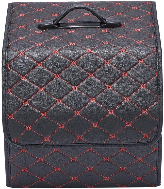 XhuangTech PU Leather Multipurpose Collapsible Car Trunk Storage Organizer with Lid 13inch Portable Auto Tools Cargo Holder Storage Box Tidy Case (Black with red line)