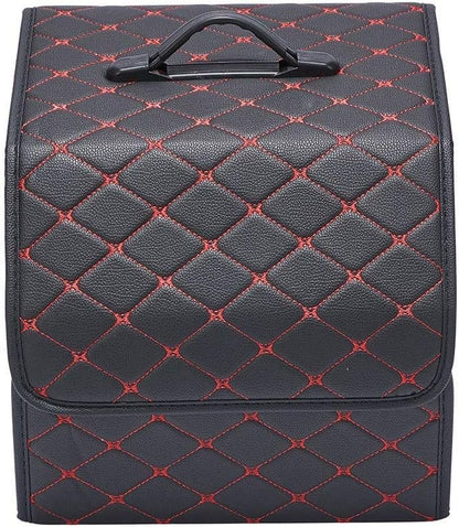 XhuangTech PU Leather Multipurpose Collapsible Car Trunk Storage Organizer with Lid 13inch Portable Auto Tools Cargo Holder Storage Box Tidy Case (Black with red line)