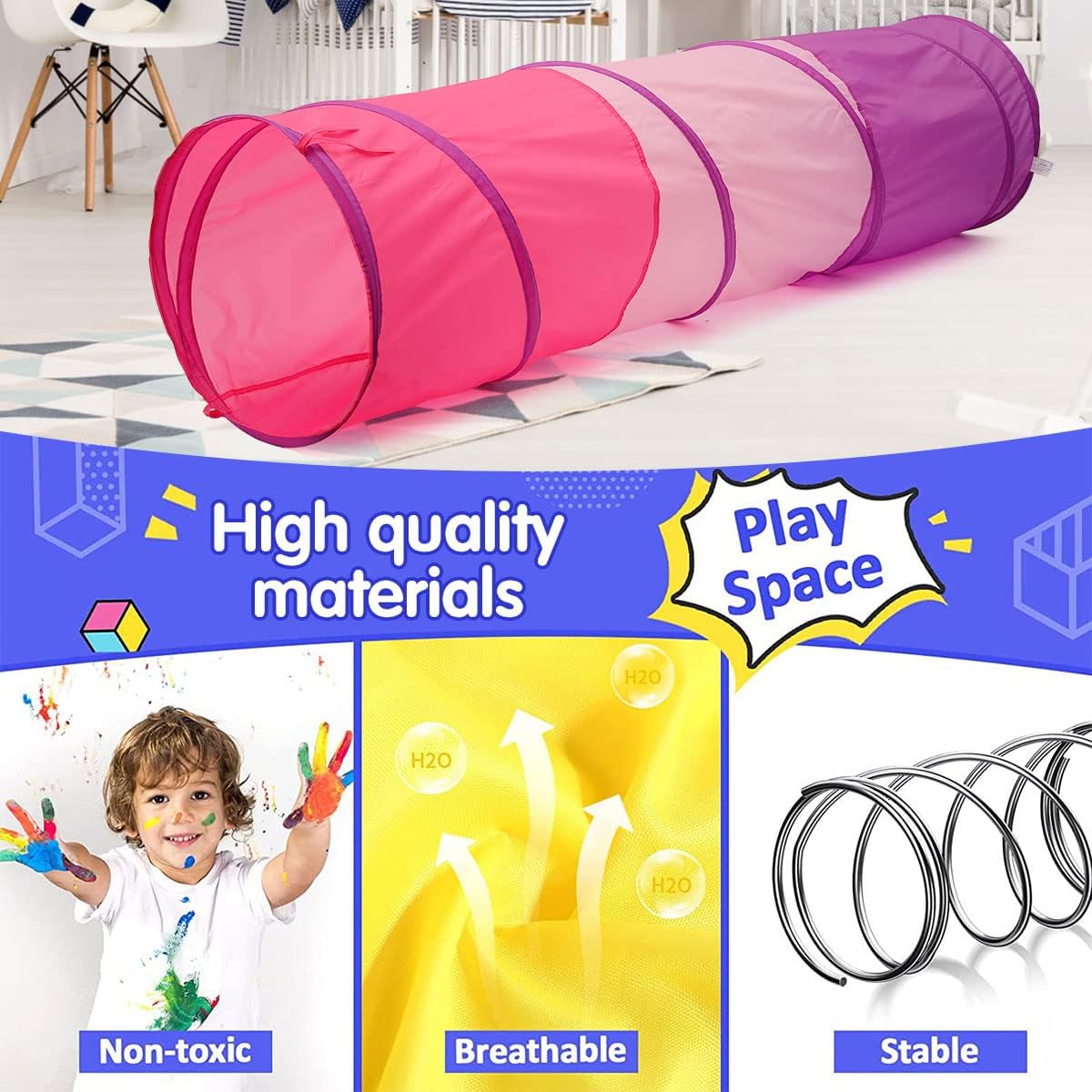 6Ft Crawl Through Play Tunnel Toy, Pop Up Tunnel for Kids Toddlers Babies Infants Children & Dogs, Indoor Outdoor Tube (Pink Purple)