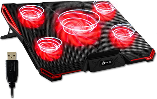 KLIM Cyclone Laptop Cooling Pad - New - 5 Fans Cooler - No More Overheating - Increases PC Performance and Life Expectancy - Ventilated Support for Laptop PS5 and PS4 - Red